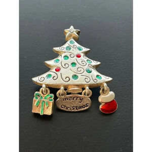Merry Christmas Tree Brooch Pin with Dangling Gift/Stocking